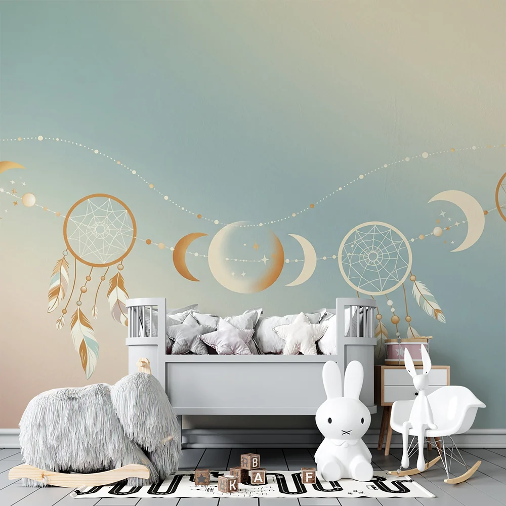 Nursery room wallpaper | Dream catchers and golden moons on pastel background