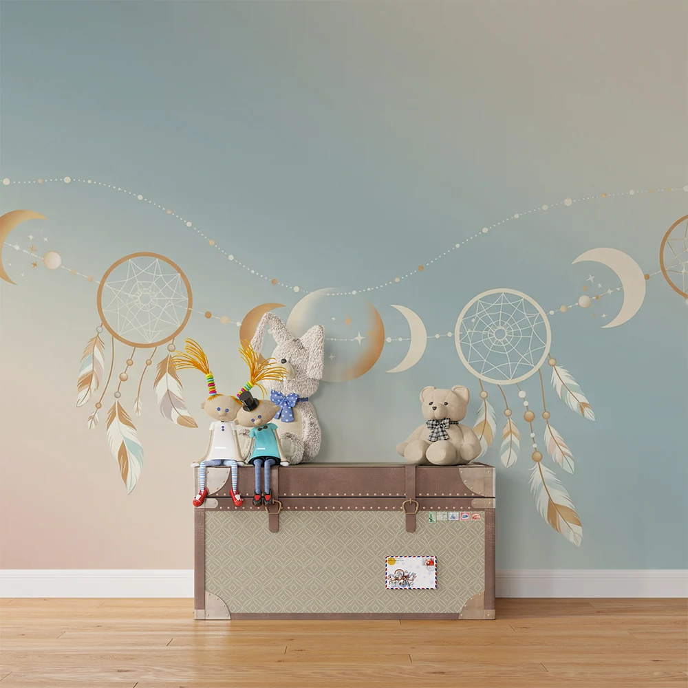 Nursery room wallpaper | Dream catchers and golden moons on pastel background