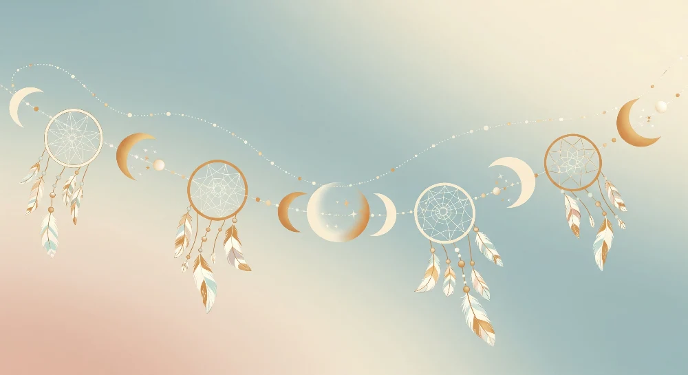 Nursery room wallpaper | Dream catchers and golden moons on pastel background