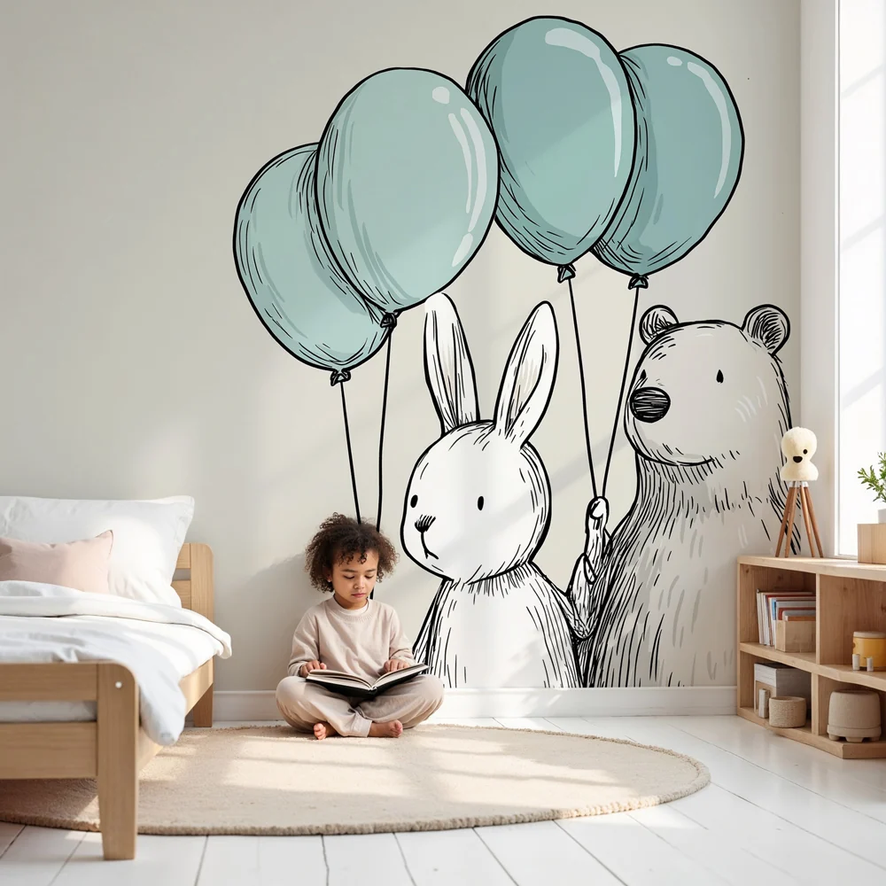 Nursery room wallpaper | Egy nyúl és egy medve léggömbökkel