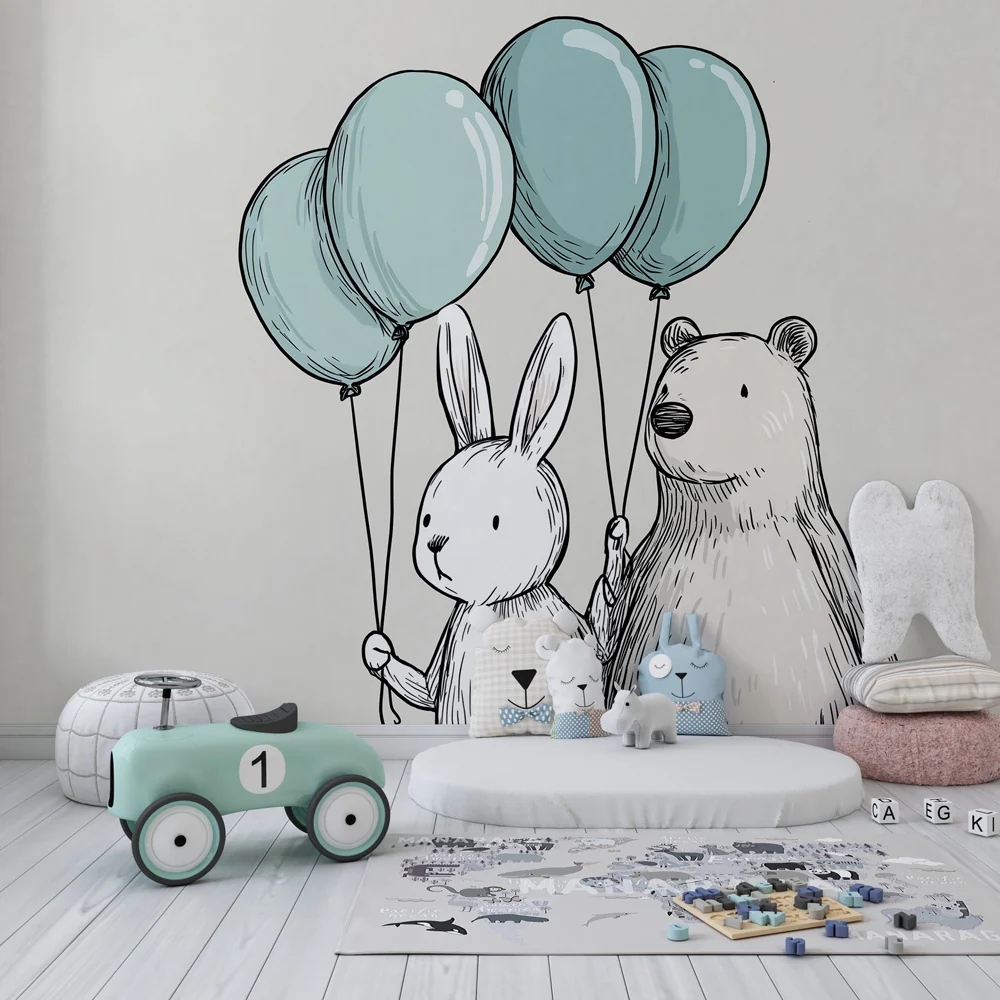 Nursery room wallpaper | Egy nyúl és egy medve léggömbökkel