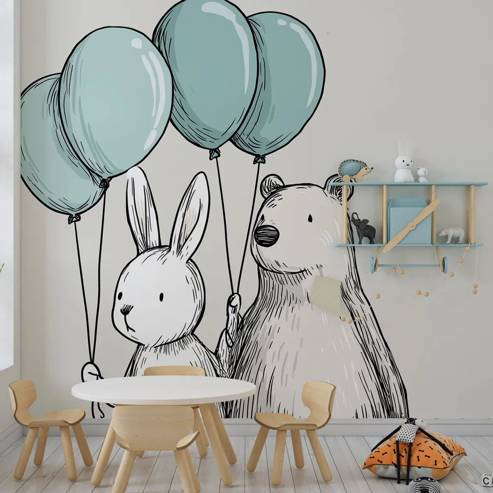 Nursery room wallpaper | Egy nyúl és egy medve léggömbökkel