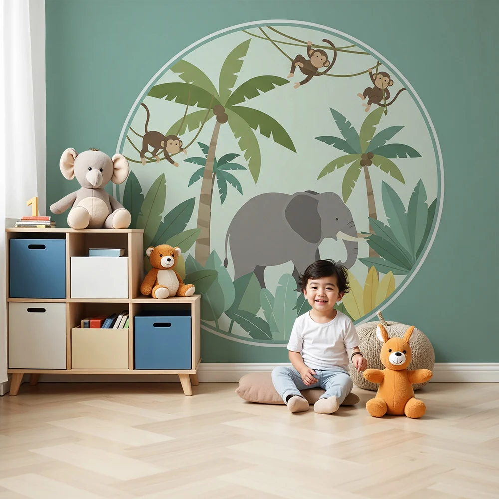 Nursery room wallpaper | Elefánt és majmok egy színes dzsungelben