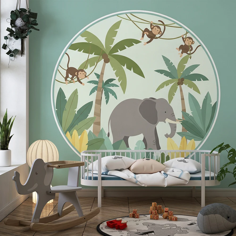 Nursery room wallpaper | Elefánt és majmok egy színes dzsungelben