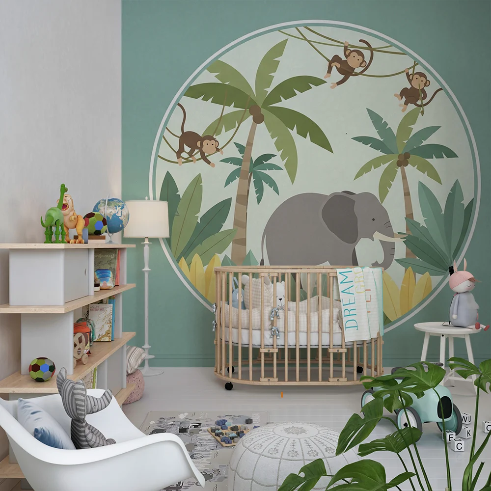 Nursery room wallpaper | Elefánt és majmok egy színes dzsungelben