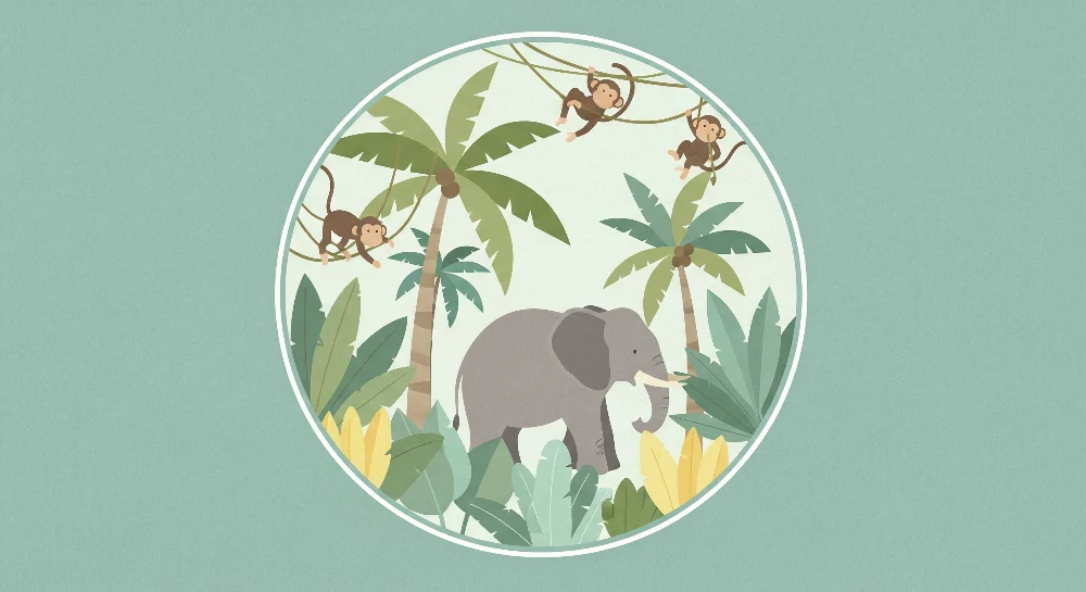 Nursery room wallpaper | Elefánt és majmok egy színes dzsungelben