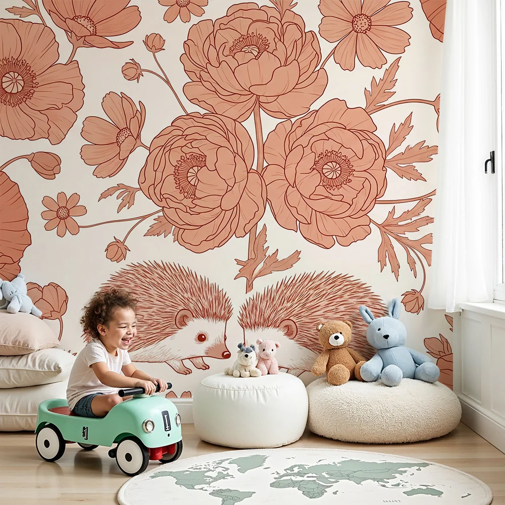 Nursery room wallpaper | Elefántok és finom virágok