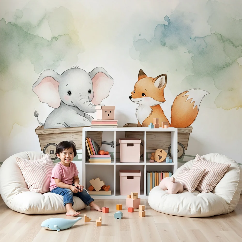Nursery room wallpaper | Elegant elephant and fox on journey