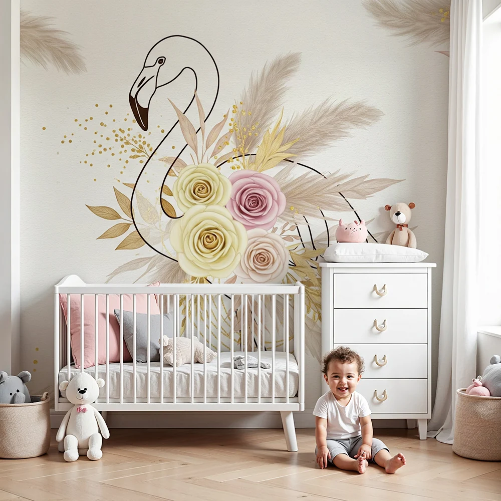 Nursery room wallpaper | Elegant flamingo pastel flowers and golden foliage