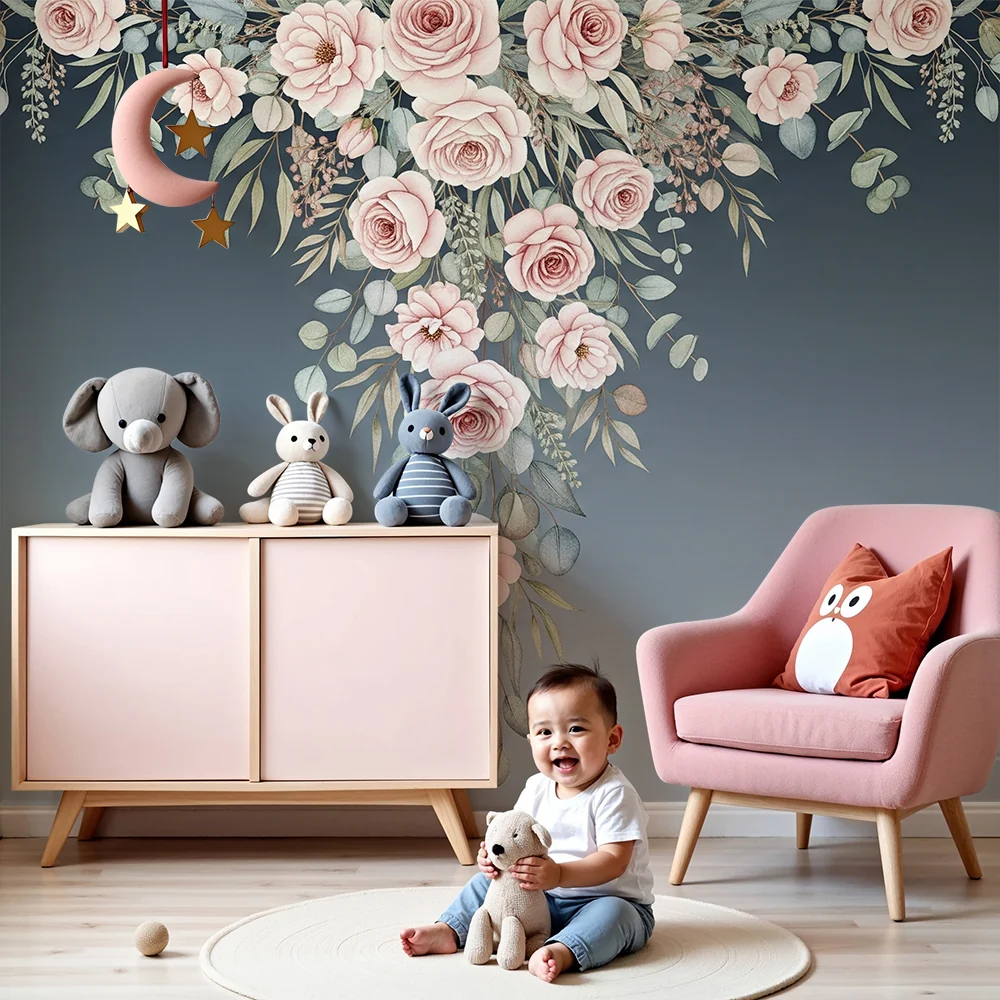 Nursery room wallpaper | Elegant rózsák és puha levelek fokozatos háttéren
