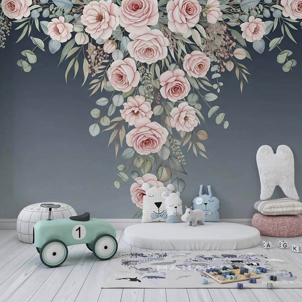 Nursery room wallpaper | Elegant rózsák és puha levelek fokozatos háttéren