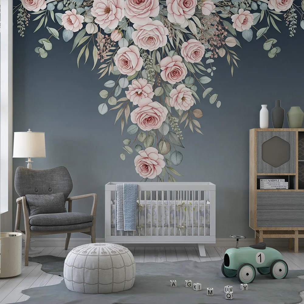 Nursery room wallpaper | Elegant rózsák és puha levelek fokozatos háttéren