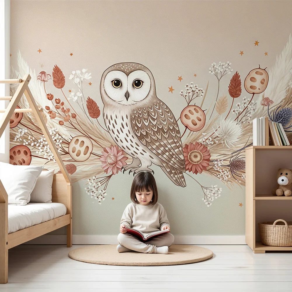 Nursery room wallpaper | Elegáns bagoly virágok és puha levelek között