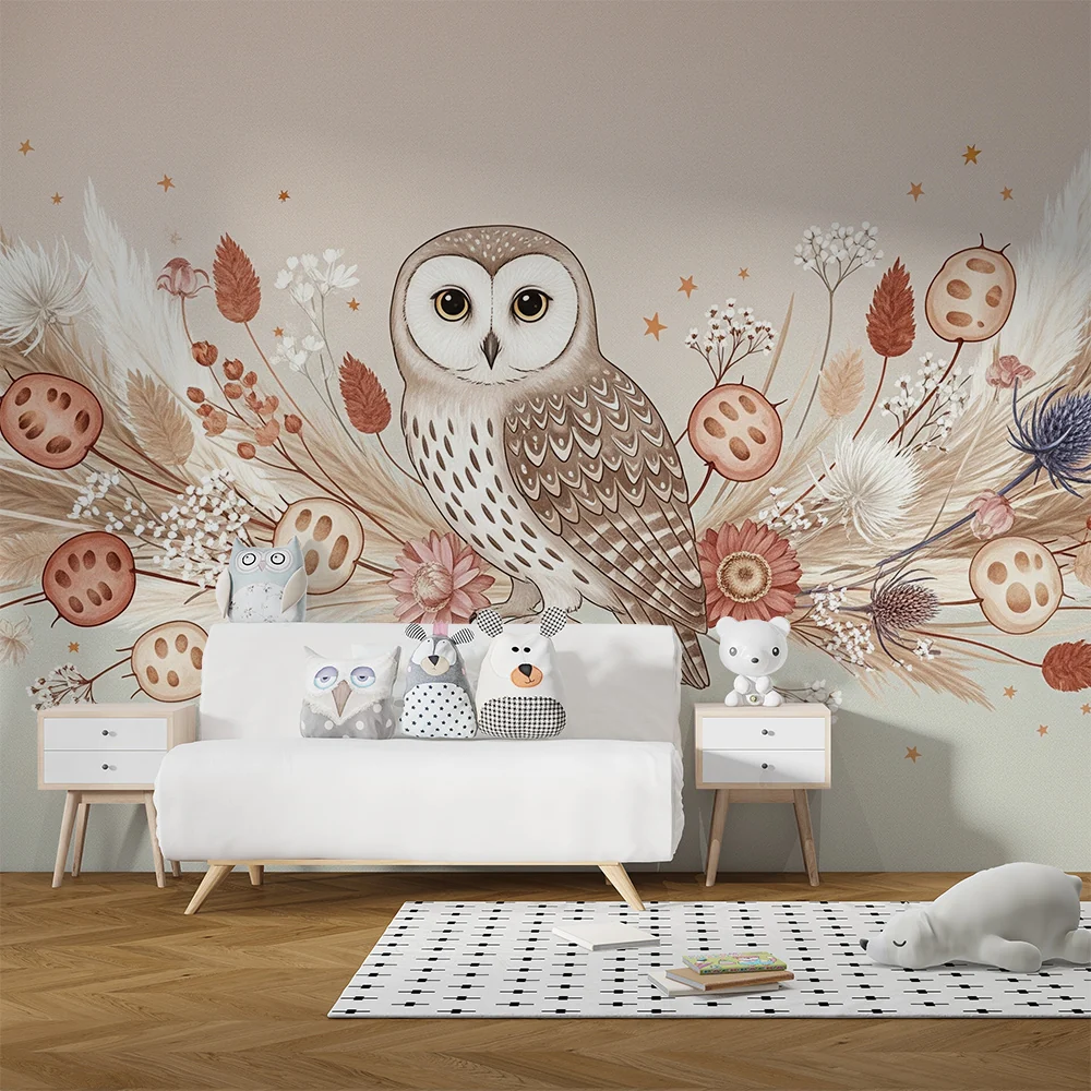 Nursery room wallpaper | Elegáns bagoly virágok és puha levelek között