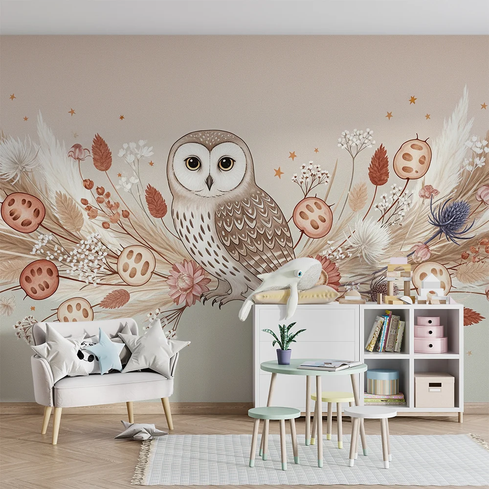 Nursery room wallpaper | Elegáns bagoly virágok és puha levelek között
