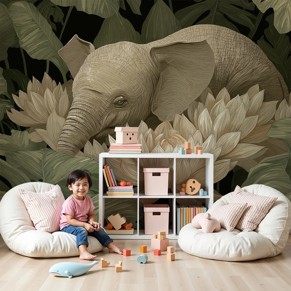 Nursery room wallpaper | Elegáns elefánt lótuszvirágok és dús levelek között