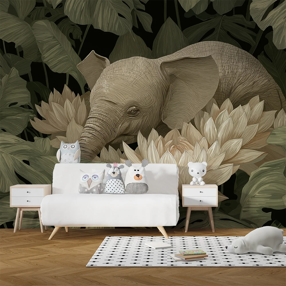 Nursery room wallpaper | Elegáns elefánt lótuszvirágok és dús levelek között