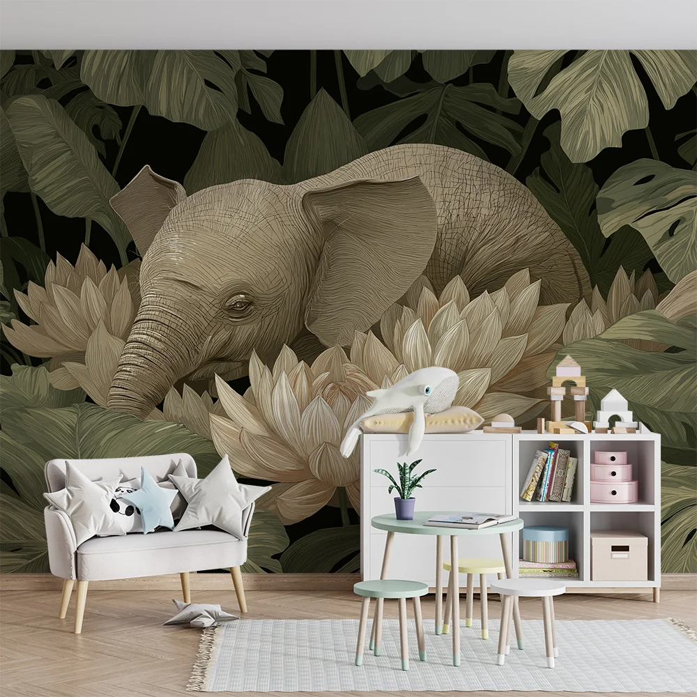 Nursery room wallpaper | Elegáns elefánt lótuszvirágok és dús levelek között