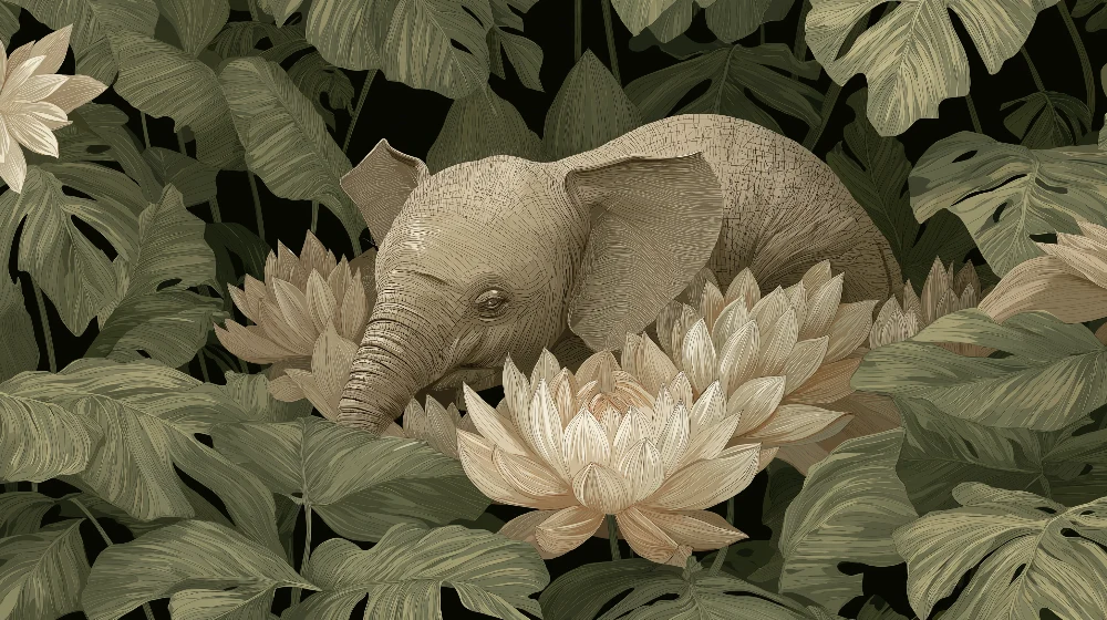 Nursery room wallpaper | Elegáns elefánt lótuszvirágok és dús levelek között