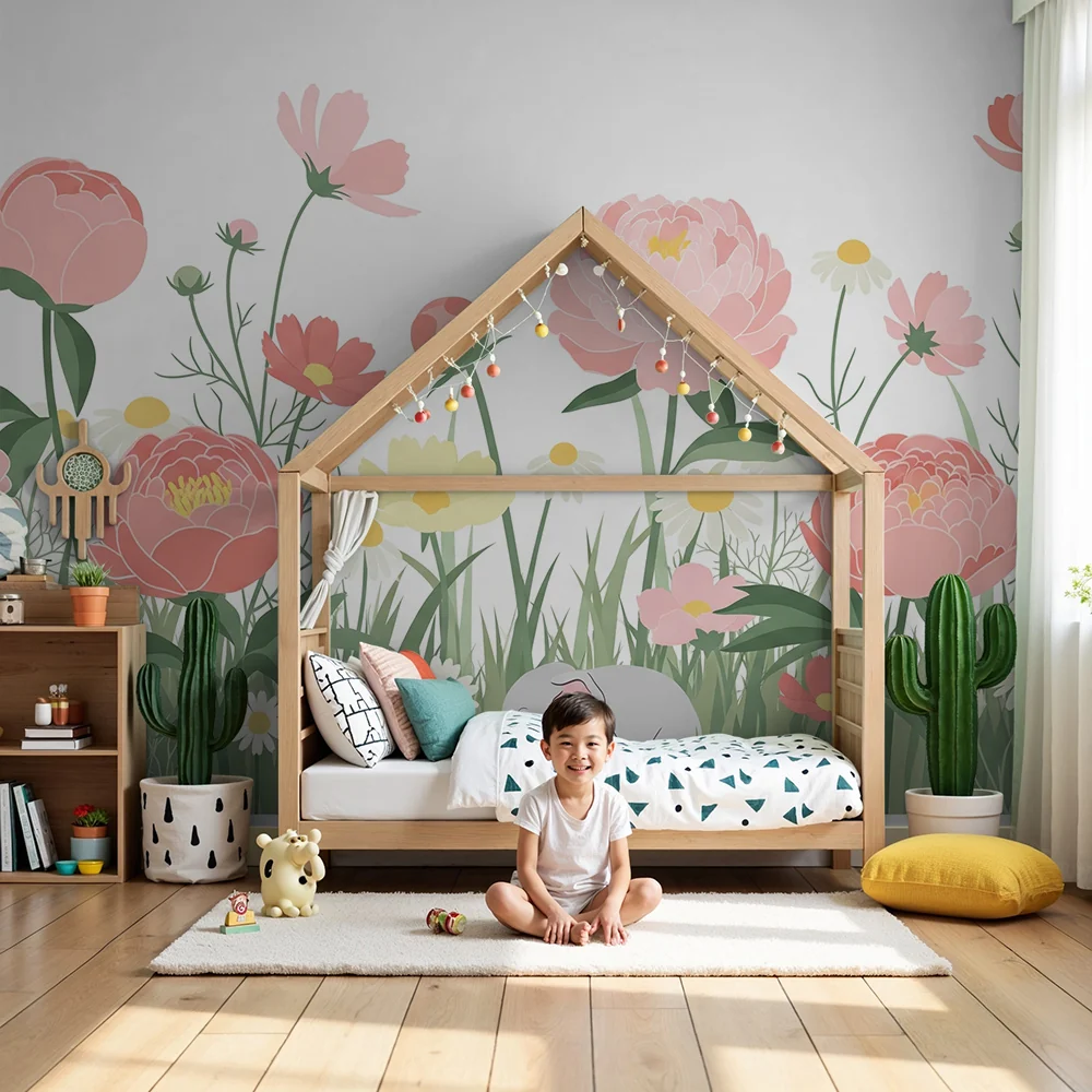 Nursery room wallpaper | Elegáns elefánt színes virágok között