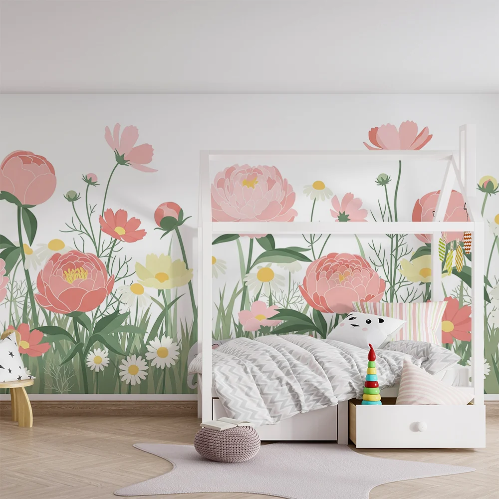 Nursery room wallpaper | Elegáns elefánt színes virágok között