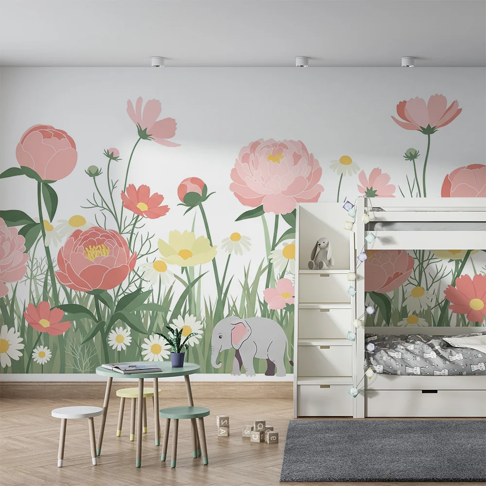Nursery room wallpaper | Elegáns elefánt színes virágok között