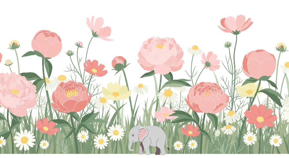 Nursery room wallpaper | Elegáns elefánt színes virágok között