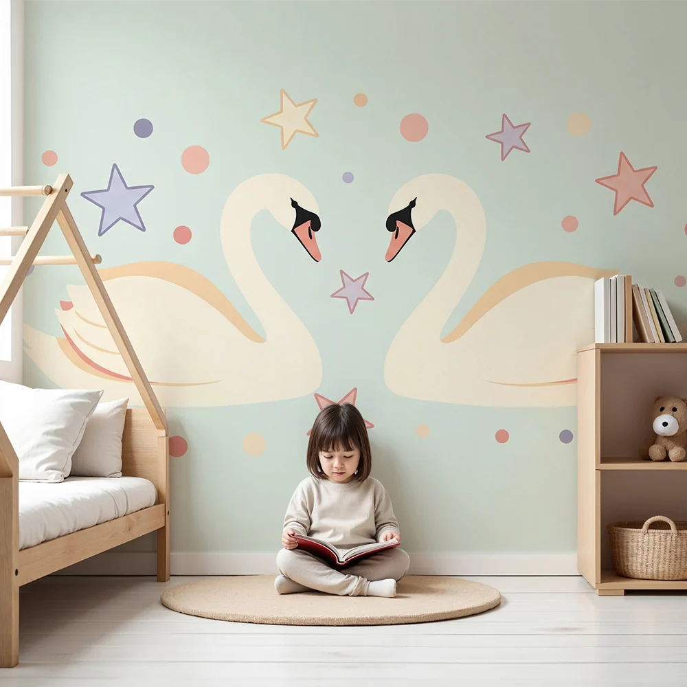 Nursery room wallpaper | Elegáns hattyúk és színes csillagok
