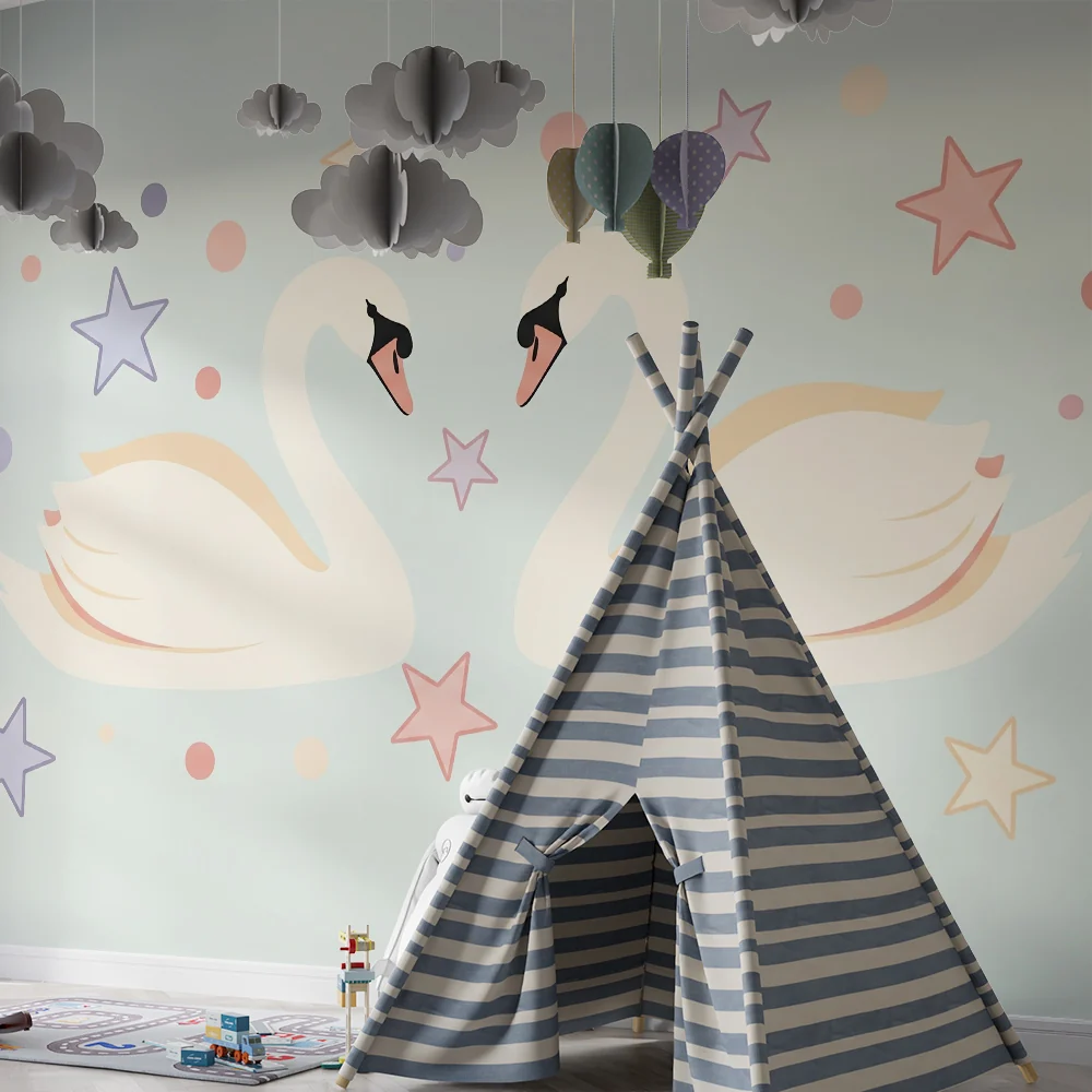 Nursery room wallpaper | Elegáns hattyúk és színes csillagok