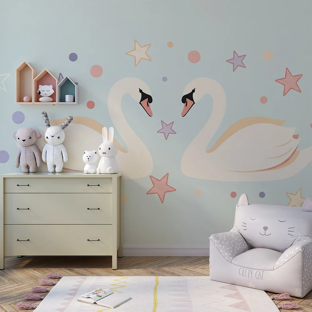 Nursery room wallpaper | Elegáns hattyúk és színes csillagok
