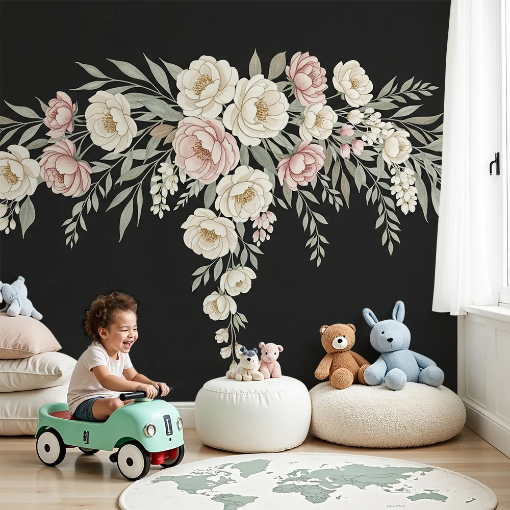 Nursery room wallpaper | Elegáns pasztell virágok fekete háttéren