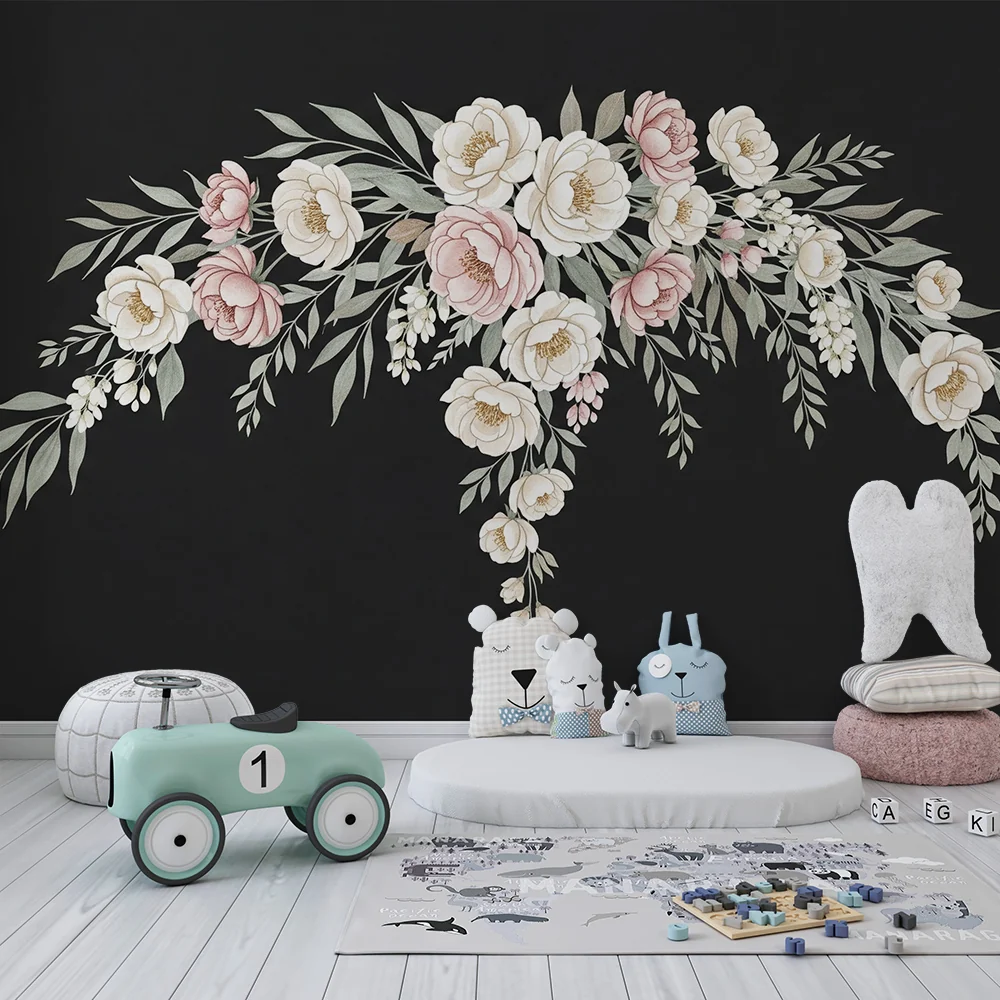 Nursery room wallpaper | Elegáns pasztell virágok fekete háttéren