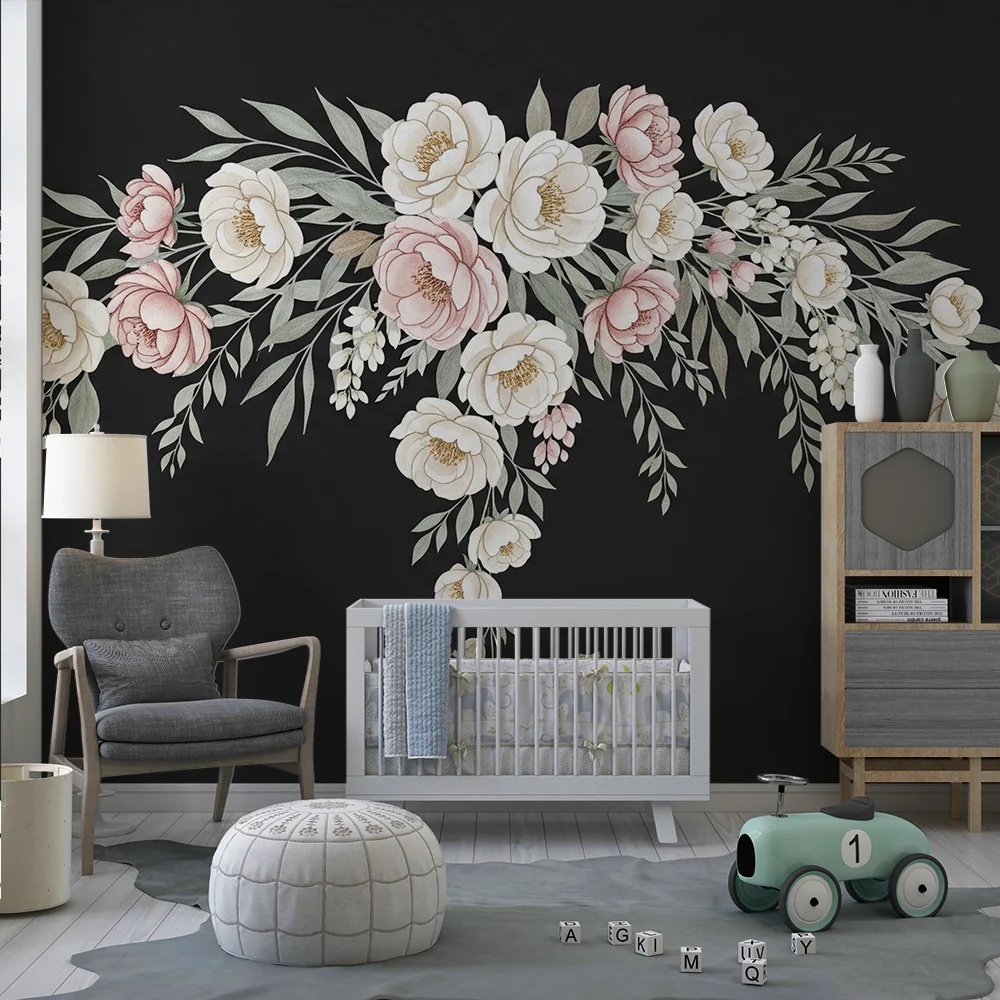 Nursery room wallpaper | Elegáns pasztell virágok fekete háttéren