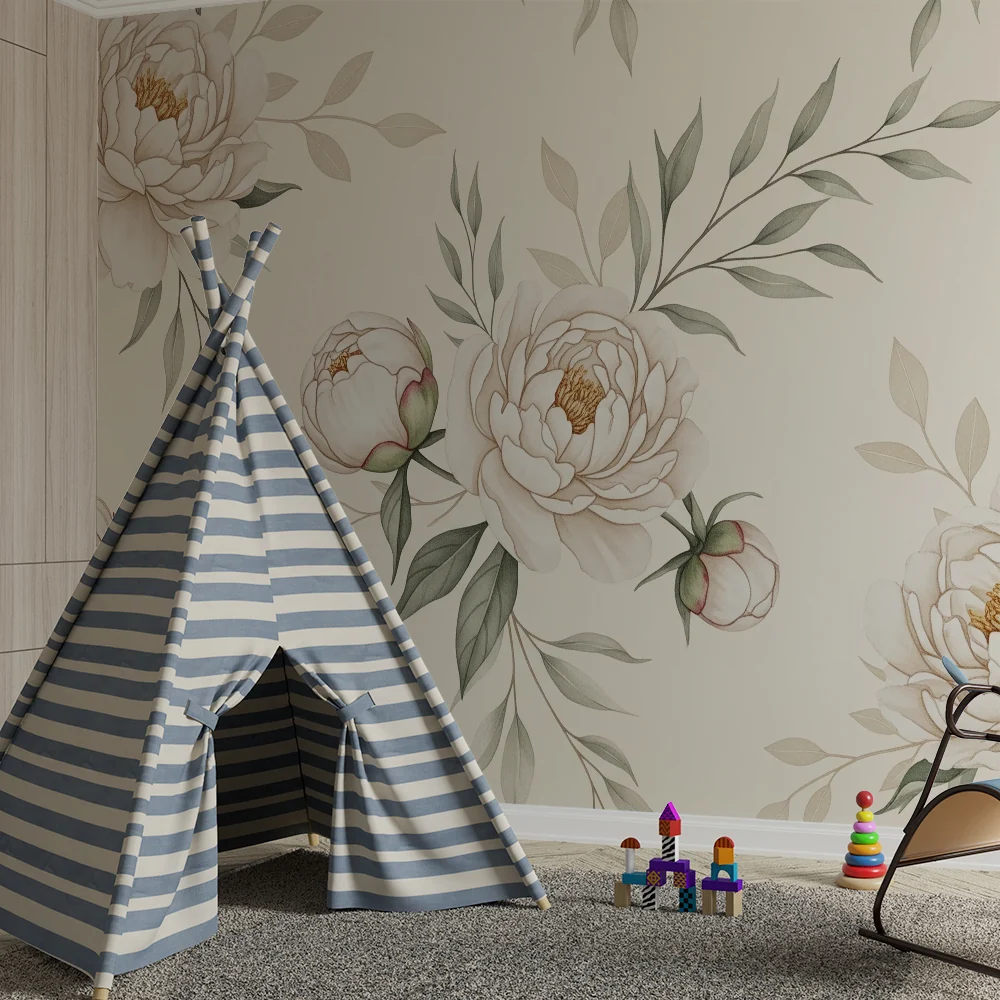 Nursery room wallpaper | Elegáns pünkösdi rózsák és finom levelek