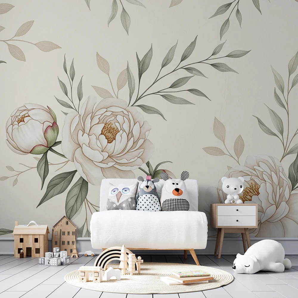 Nursery room wallpaper | Elegáns pünkösdi rózsák és finom levelek
