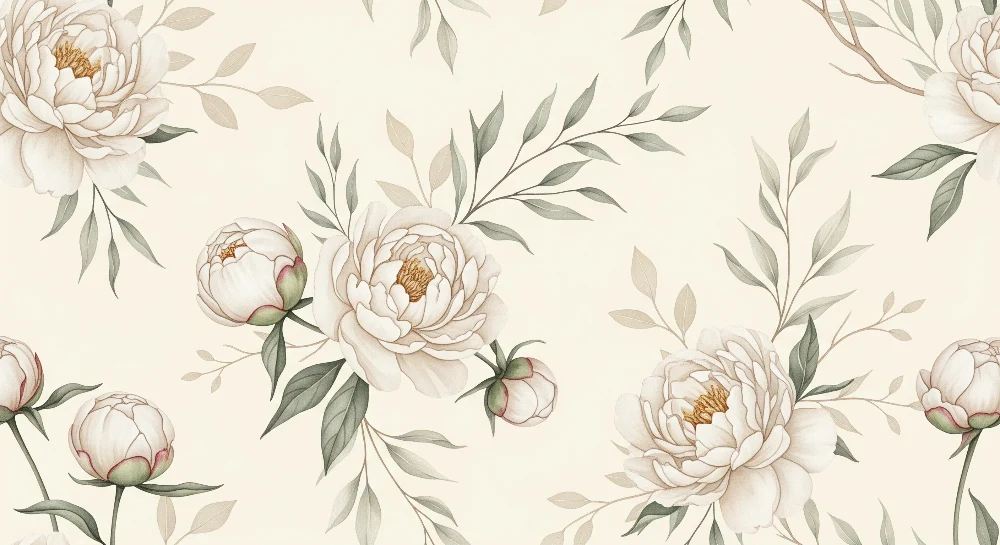 Nursery room wallpaper | Elegáns pünkösdi rózsák és finom levelek