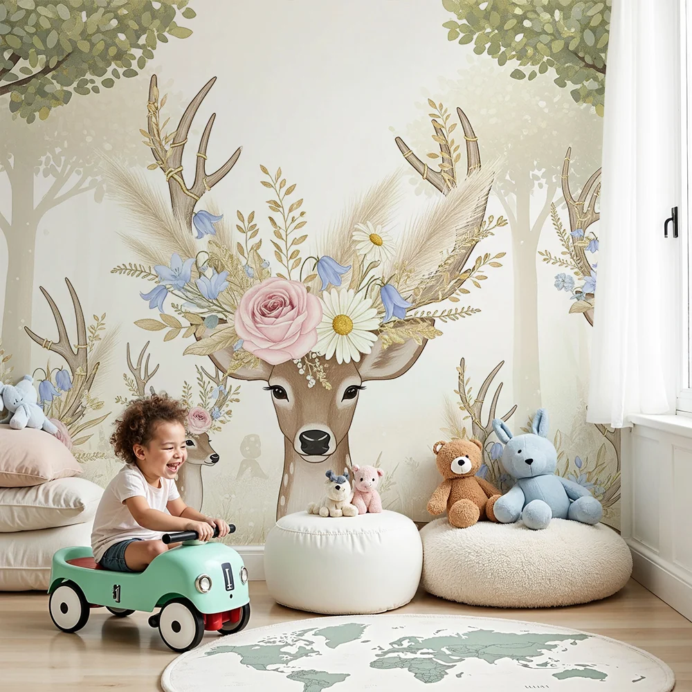 Nursery room wallpaper | Elegáns szarvasok virágokkal díszített puha erdőben