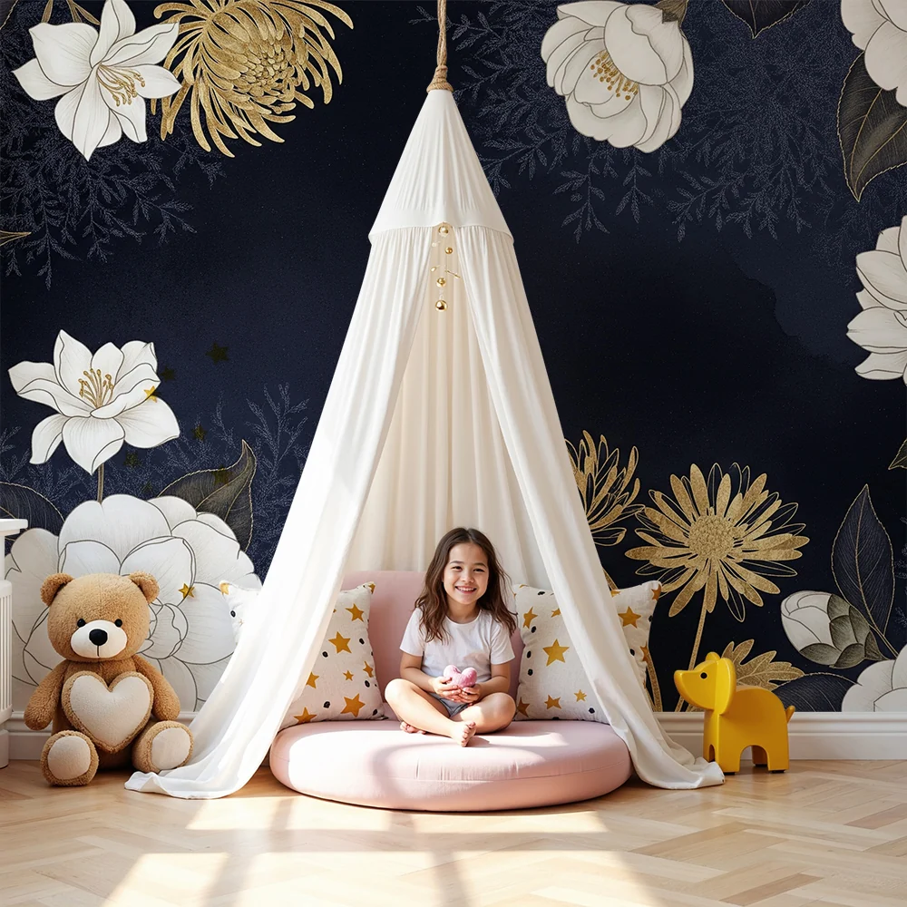 Nursery room wallpaper | Elegáns virágok sötétkék alapon arany díszítéssel