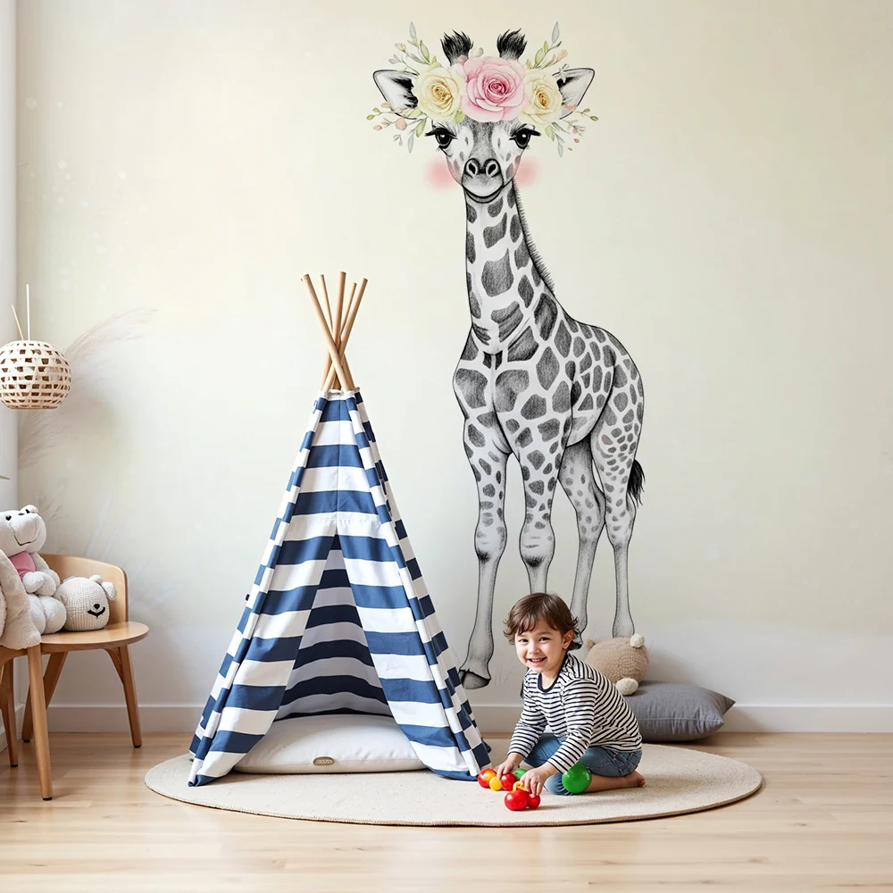 Nursery room wallpaper | Elegáns zsiráf virágkoronával