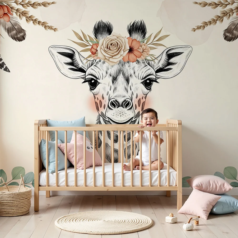 Nursery room wallpaper | Elegáns zsiráf virágokkal