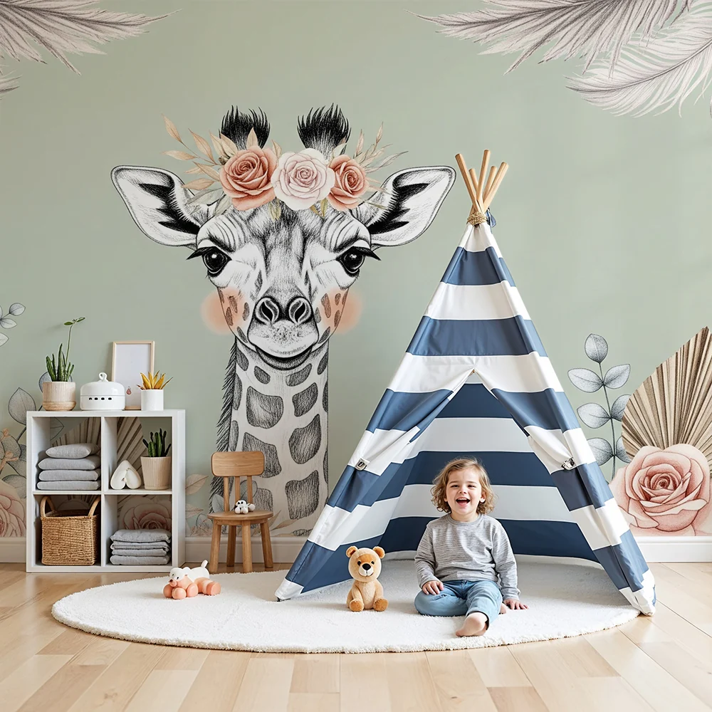 Nursery room wallpaper | Elegáns zsiráf virágos sötétzöld háttérrel