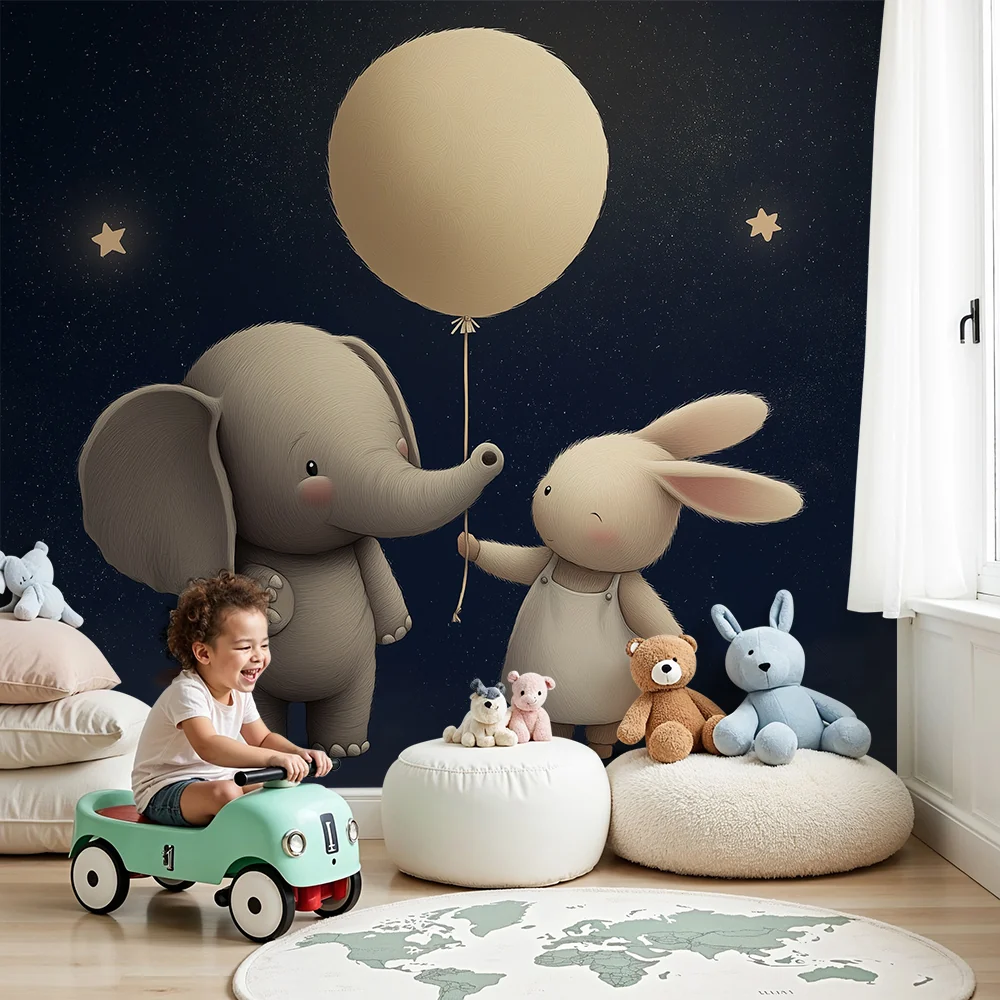 Nursery room wallpaper | Elephant and rabbit under stars balloon