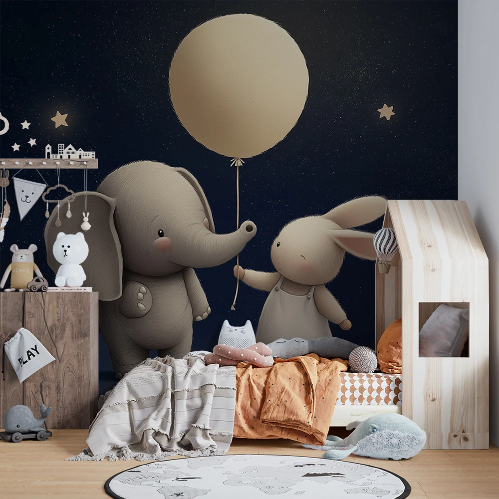 Nursery room wallpaper | Elephant and rabbit under stars balloon