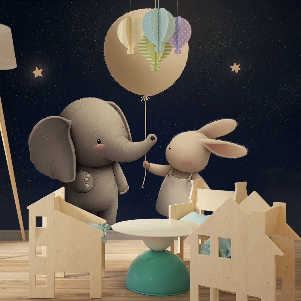 Nursery room wallpaper | Elephant and rabbit under stars balloon