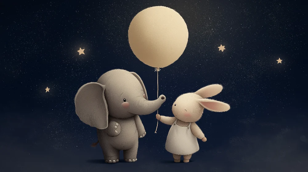 Nursery room wallpaper | Elephant and rabbit under stars balloon