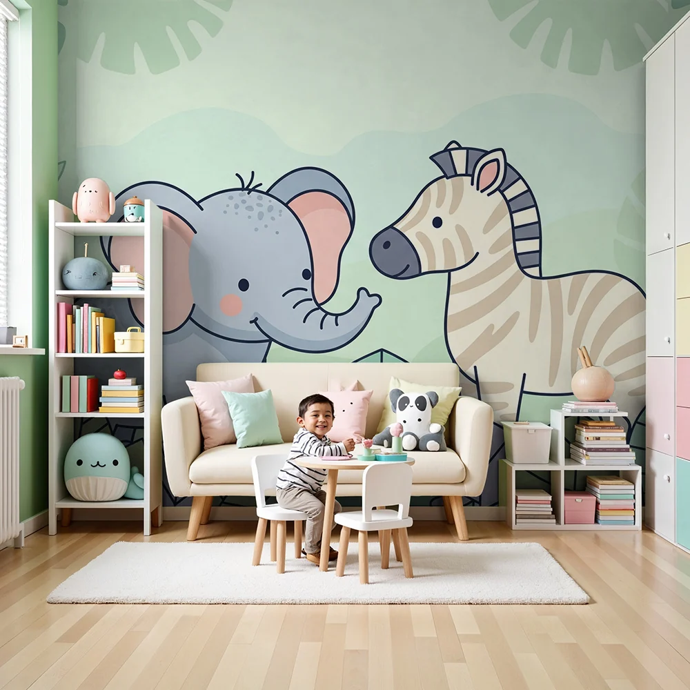 Nursery room wallpaper | Elephant and zebra middle colorful jungle