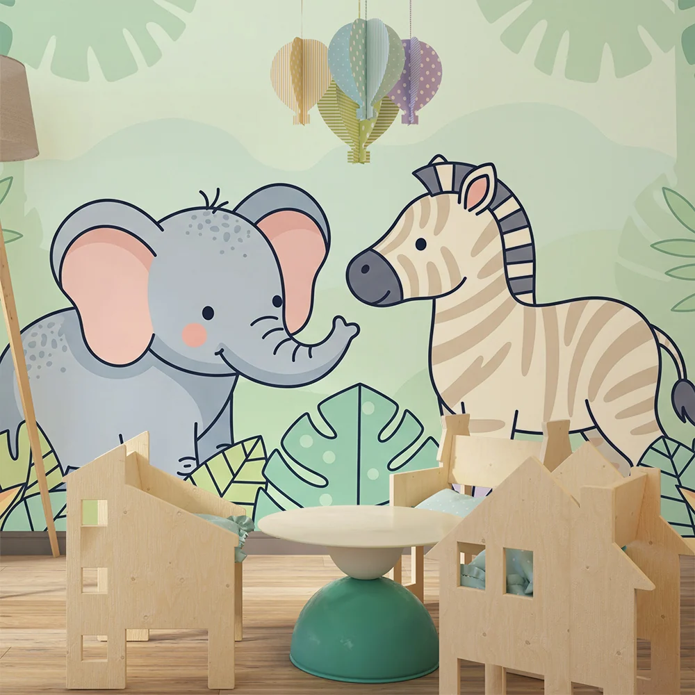 Nursery room wallpaper | Elephant and zebra middle colorful jungle