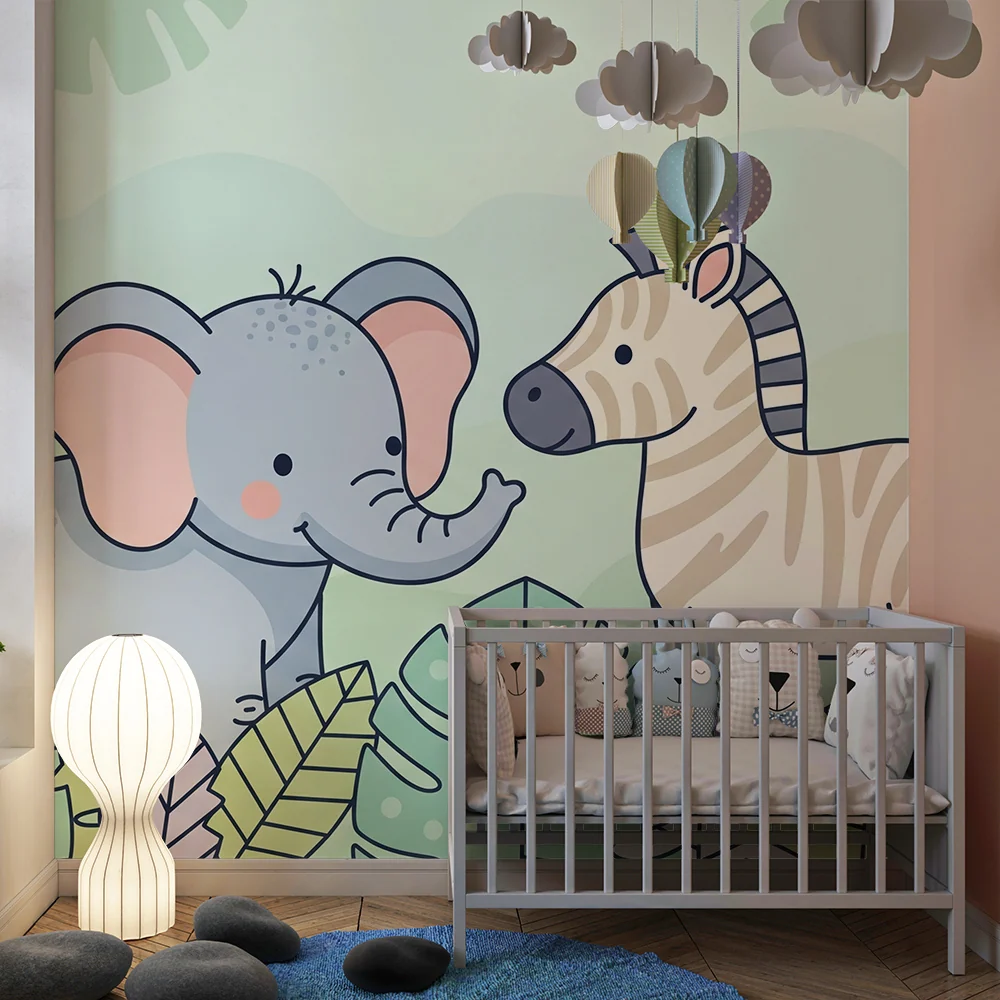Nursery room wallpaper | Elephant and zebra middle colorful jungle
