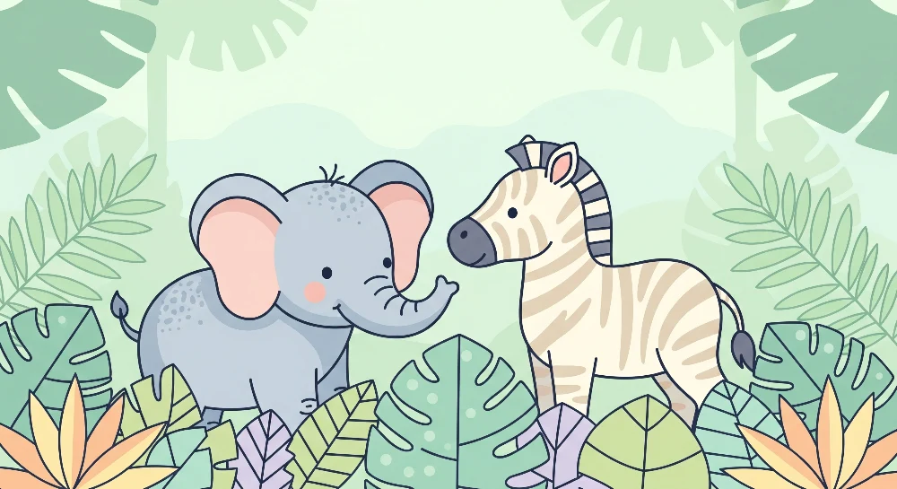 Nursery room wallpaper | Elephant and zebra middle colorful jungle