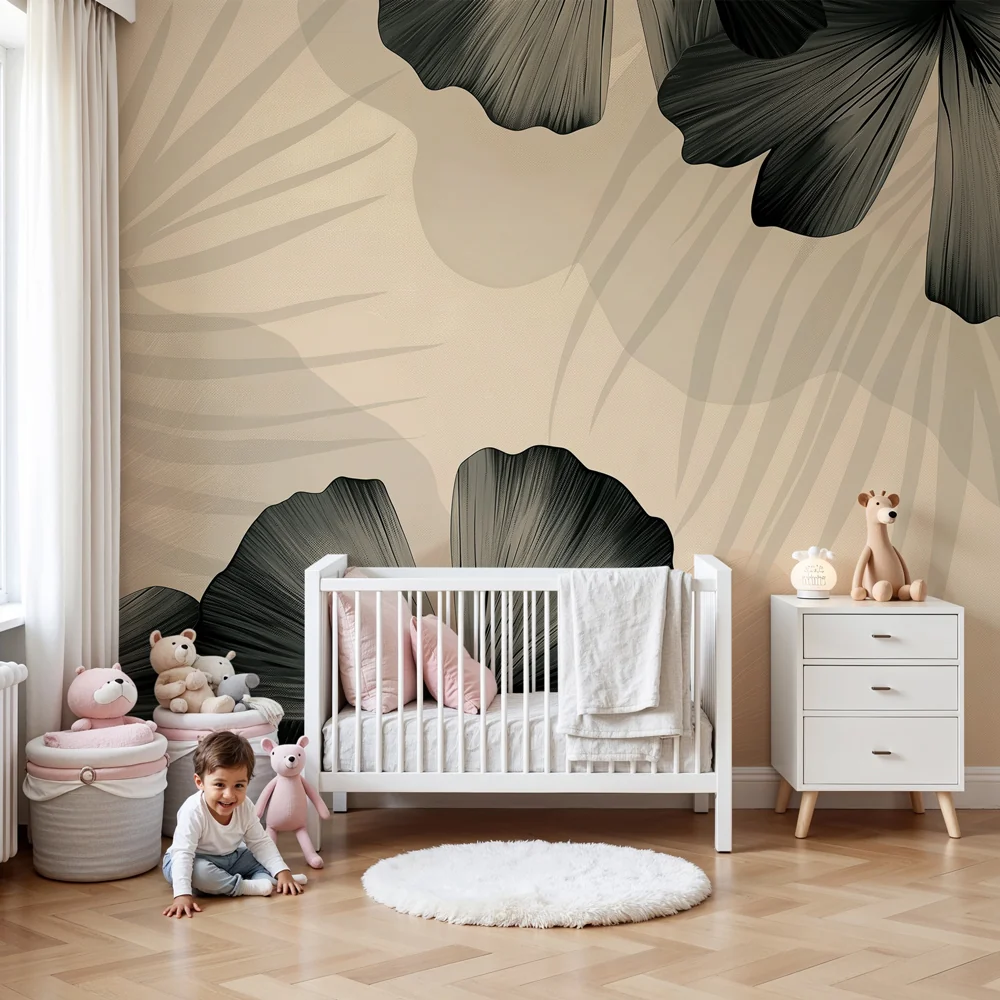 Nursery room wallpaper | Exotic leaves on soothing background